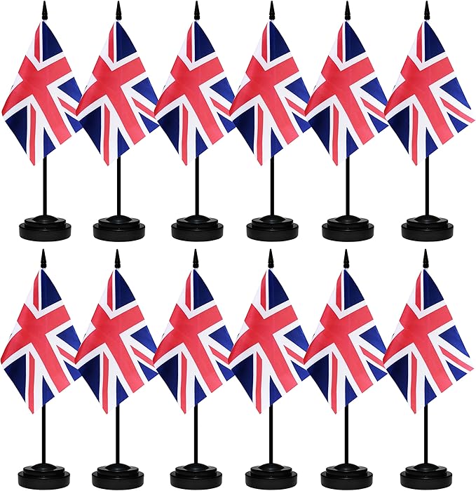12 Pack United Kingdom Desk Flags Set, UK Small Mini Table Office Flags With 12" Solid Black Pole, Black Base and Spear Top, Miniature Desktop Flag, Home Decoration, Office Decoration, Festival