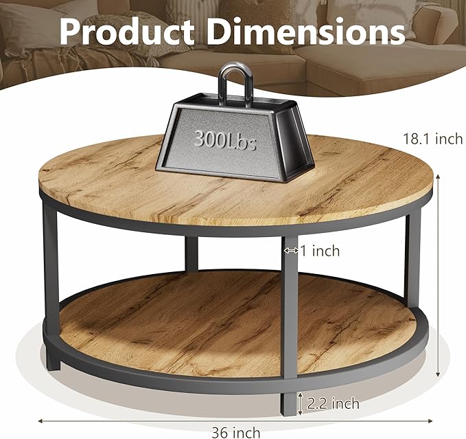 NSdirect Round Coffee Table, 36in Rustic Wooden Surface Top & Sturdy Metal Legs Industrial Sofa Table for Living Room Modern Design Home Furniture with Storage Open Shelf (Natural Walnut)