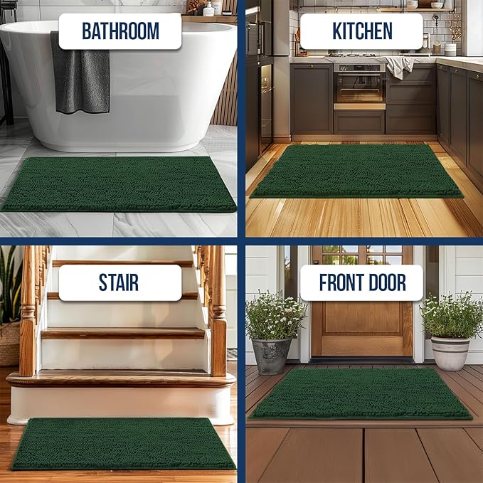 Muddy Mat Chenille Bathroom Rugs Quick Dry Microfiber Mats Non Slip Washable, Extra Thick, Soft and Highly Absorbent Bath Mats for Bathroom, Kitchen, and Shower Floor - Dark Green Runner 59"X24"