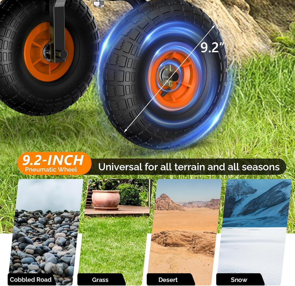 VINGLI Wagon Cart, Steel Frame and Wood Coated Railing, 330lbs All Terrain Wagon 9.2in Solid Tires for Garden and Outdoor (Orange)
