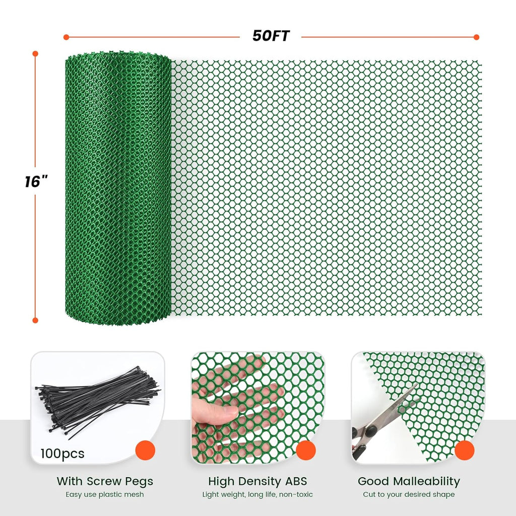 16IN x 50FT Plastic Chicken Wire Mesh, Chicken Wire for Floral Arrangements, Chicken Wire Mesh for Crafts with 100 Pcs Zip Ties, Mesh Fence for Dogs, Deers, Poultry
