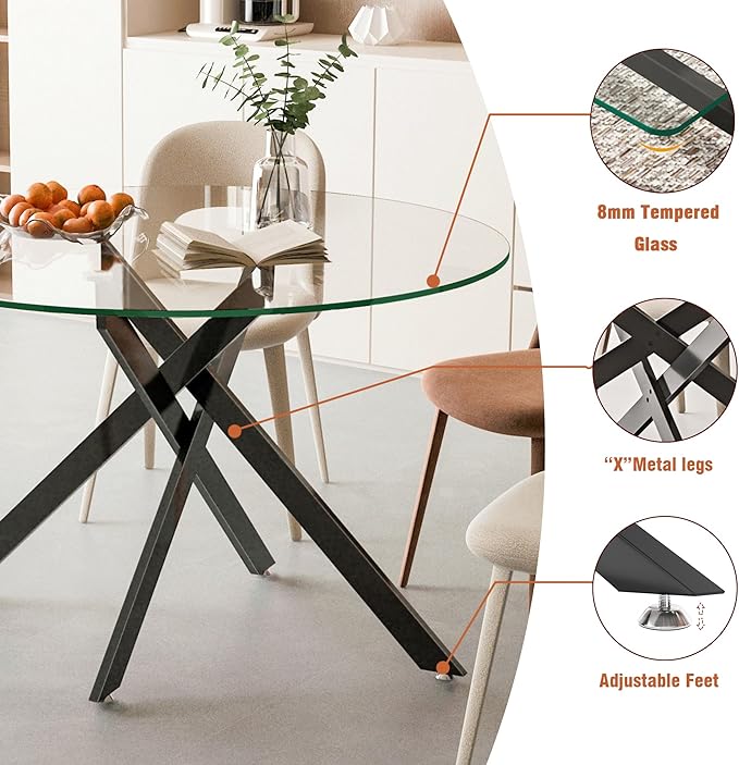 47.24" Round Glass Dining Table Modern Kitchen Glass Top Table for 6 with Black Metal Legs, Clear Dining Table Kitchen Table for Home Office Dining Room