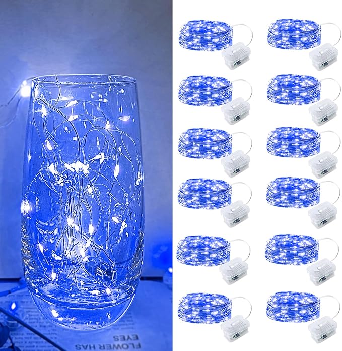 Blue Led Fairy Lights Battery Operated, 12 Pack LED Mini String Lights, 7FT 20LED Silver Wire Firefly Starry Moon Lights for DIY Fairy String Light for Gender Reveal Party Wedding Christmas Decor
