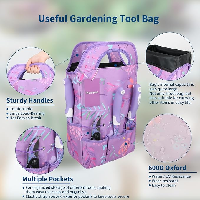 Purple Garden Tool Sets 10-Piece, Aluminum Alloy Steel Hand Tools w/Non-Slip Ergonomic Handle, Floral Print Garden Supplies Organizer Handbag, Cute Gardening Tools Gift for Women Grandmother