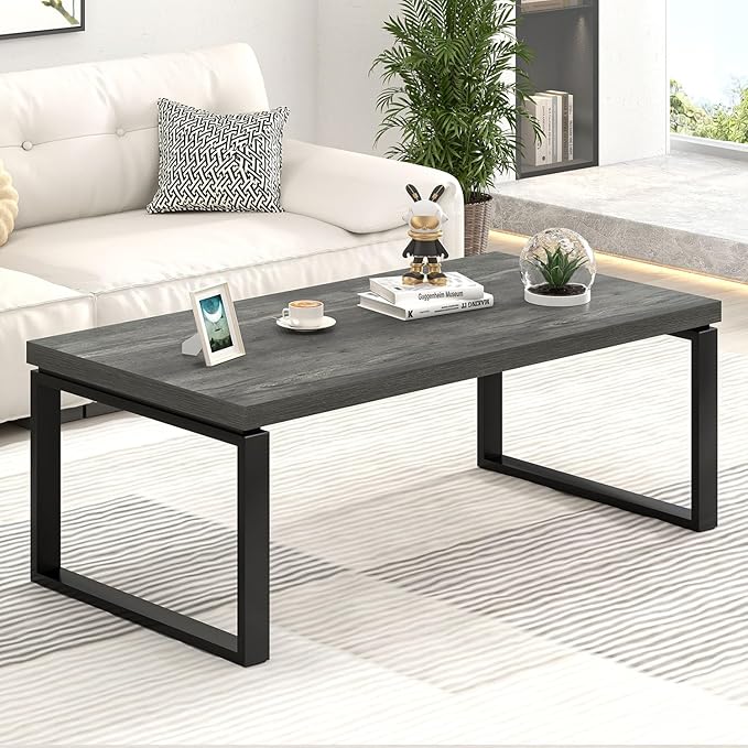 EXCEFUR Modern Coffee Table, Rustic Wood and Metal Center Table for Living Room, Industrial Rectangle Cocktail Tea Table for Home Office, Vintage Grey, 47 Inch