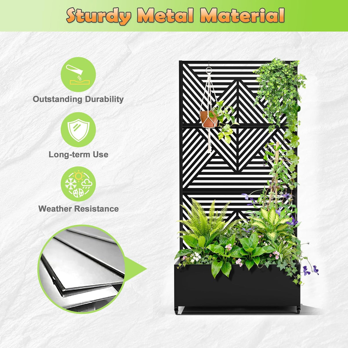 Metal Raised Garden Bed with Trellis, 2-in-1 Planter Box & Privacy Screen for Climbing Plants, Outdoor Standing Flower Bed with Drainage Holes, 35.4" L x 15.7" W x 70.1" H, Black-Zodiac