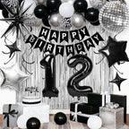 12th Birthday Decorations for Boys Girls, Black Silver Happy Birthday Party Decorations， 12 Year Old Party Supplies with Number 12 Balloons, Banner, Fringe Curtains Kit