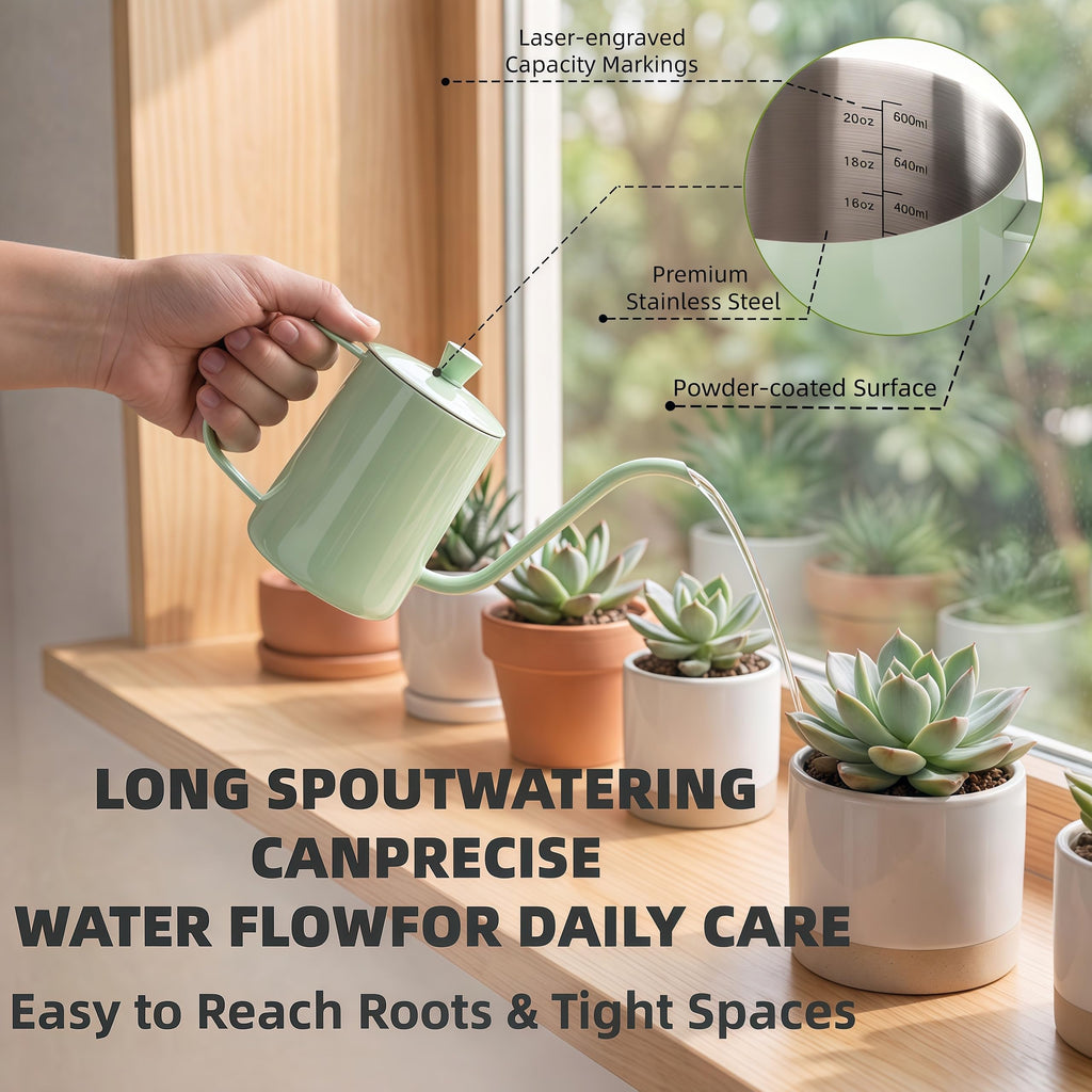 Amzgo 2 Pack Small Watering Can for Indoor Plants, 20 oz Metal Plant Watering Can with Long Spout for House Plants, 13.5 oz Glass Plant Mister Spray Bottle for Bonsai Garden Flowers Decorative