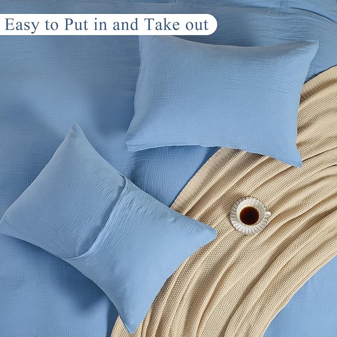 MEISHANG Muslin Duvet Cover Queen Size - 100% Organic Cotton, Soft Textured Gauze Weave Comforter Cover for Breathable All-Season with Zipper Closure - 3 Piece Set (Queen, Smoky Blue)