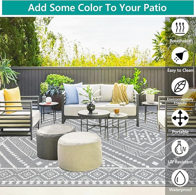 Waterproof Outdoor Rug 8x10 ft, Reversible Plastic Straw Mat, Large Floor Mat for Patio, Camping, Picnic, Backyard RV, Deck, Grey