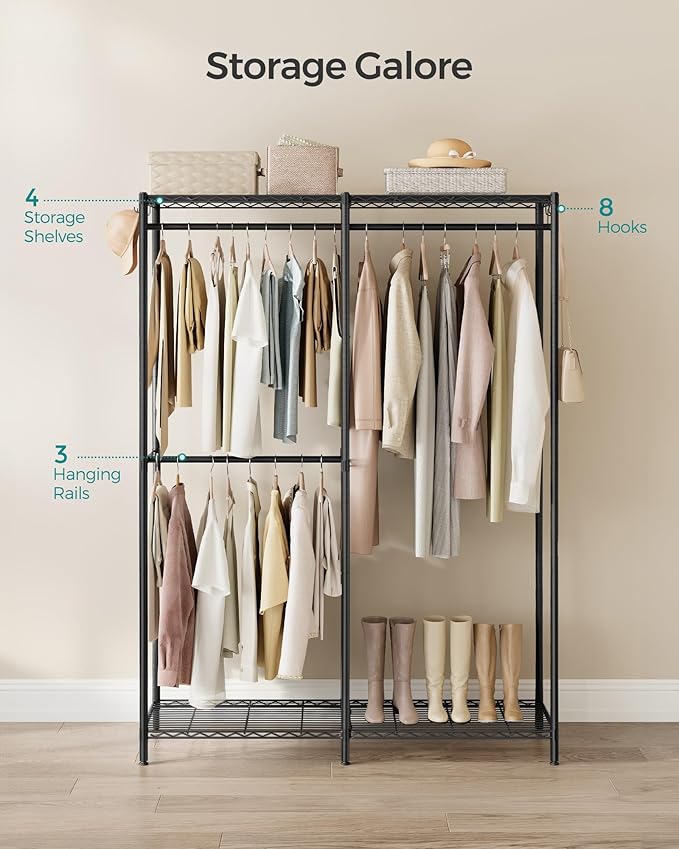 SONGMICS Clothes Rack, Freestanding Wardrobe Closet, Metal Clothing Racks, Heavy-Duty Garment Rack with Adjustable Shelves, Hanging Rods, Dividable, 15.8 x 47.2 x 70.9 Inches, Ink Black ULGR423B01