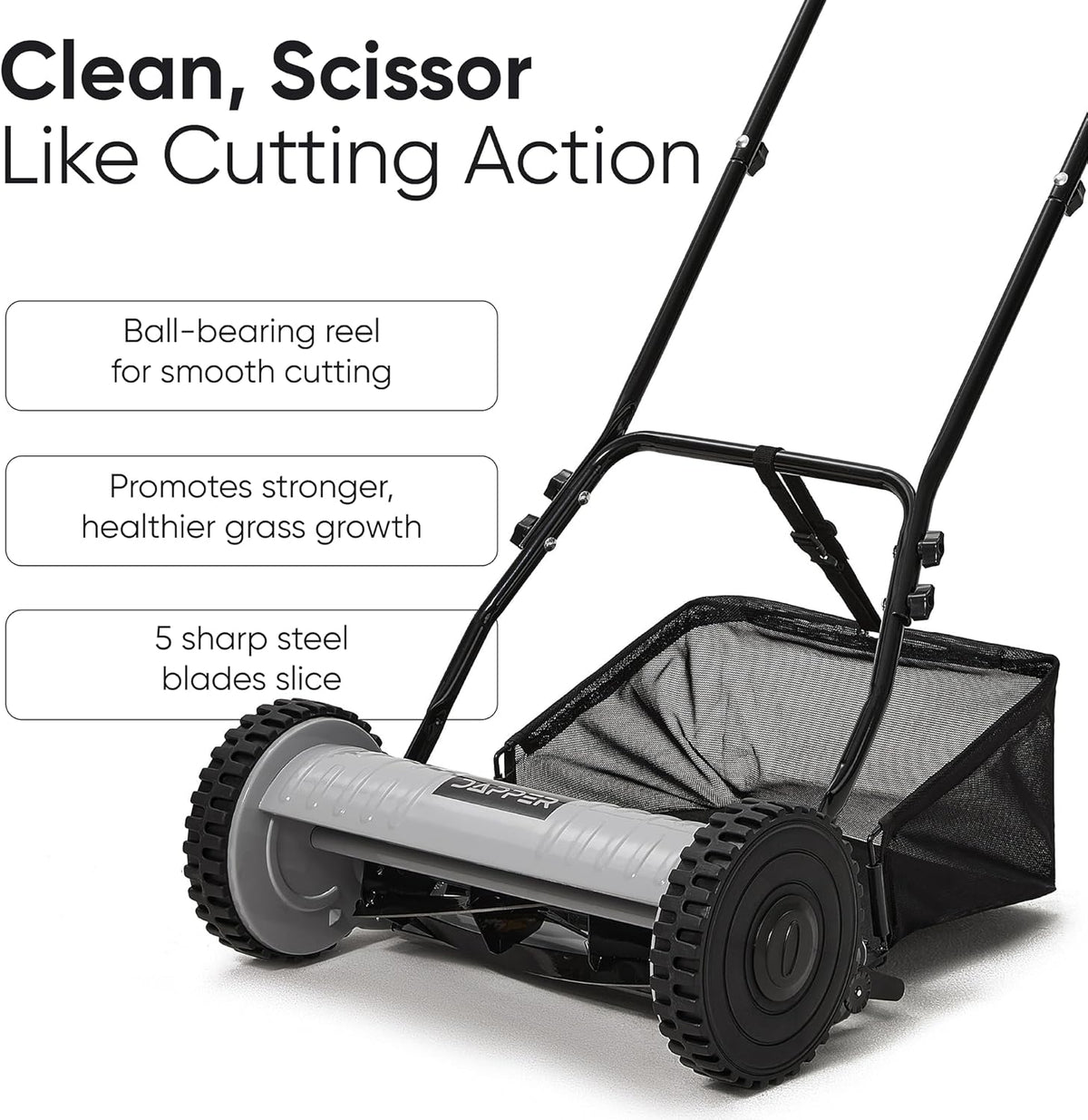 16" Push Reel Lawn Mower with Grass Catcher – Manual 5-Blade Hand Mower, Adjustable 3-Position Cutting Height (0.5"–1.75"), Lightweight & Eco-Friendly – 1-Year Warranty