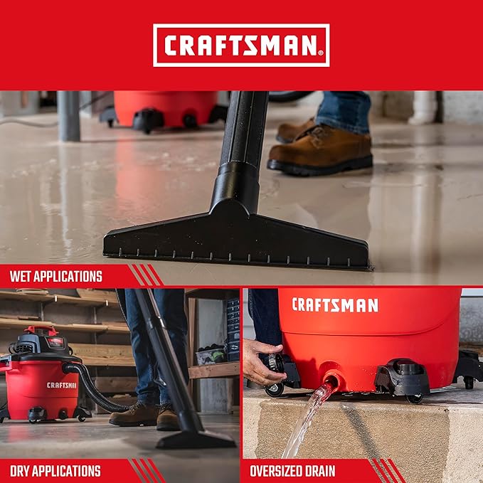 CRAFTSMAN CMXEVBE18695 16 Gallon 6.5 Peak HP Wet Dry Vac, Heavy-Duty Shop Vacuum Wet and Dry with Filter, Muffler/Diffuser, Dust Bag, Hose and Attachments for Home Projects & Renovations