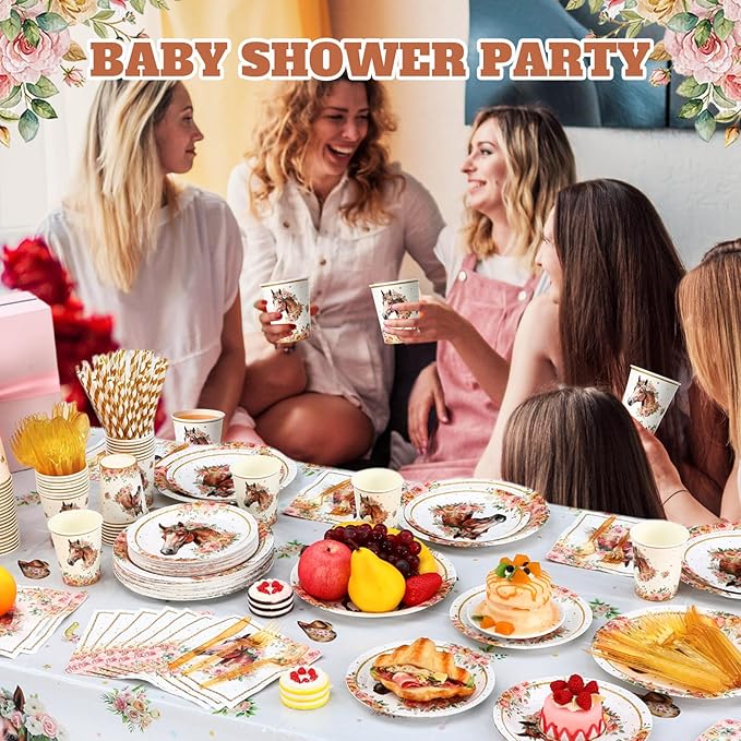 452 Pcs Horse Birthday Decorations for 50 Guests, Pink Floral Cowgirl Paper Plates Napkins Cups Tablecloth Cutlery Straws for Horse Themed Western Wedding Baby Shower Party Supplies