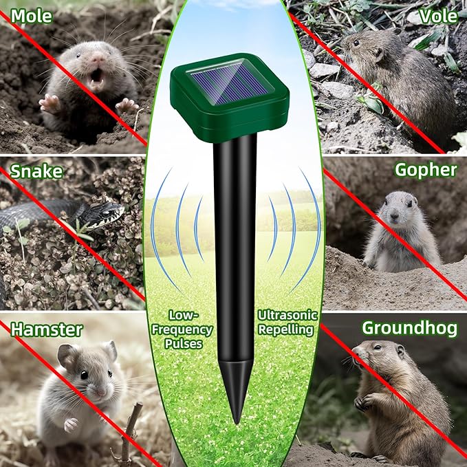 2026 New Mole Repellent Solar Powered, IP65 Waterproof Ultrasonic Gopher Repellent Snake Repellent for Yard Lawn Garden, Groundhog Vole Chipmunk Armadillo Squirrel Rodent Deterrent Stakes,8 Pack