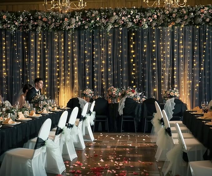 10ft x 10ft Black Tulle Photo Backdrop Curtain with Lights String for Parties Sheer Black Curtain Backdrop for Birthday Party Baby Shower Wedding Photo Booth Photography Background Decorations
