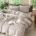 MooMee Bedding Duvet Cover Set 100% Washed Cotton Linen Like Textured Breathable Durable Soft Comfy (Solid Light Tan, Twin 68"x90")