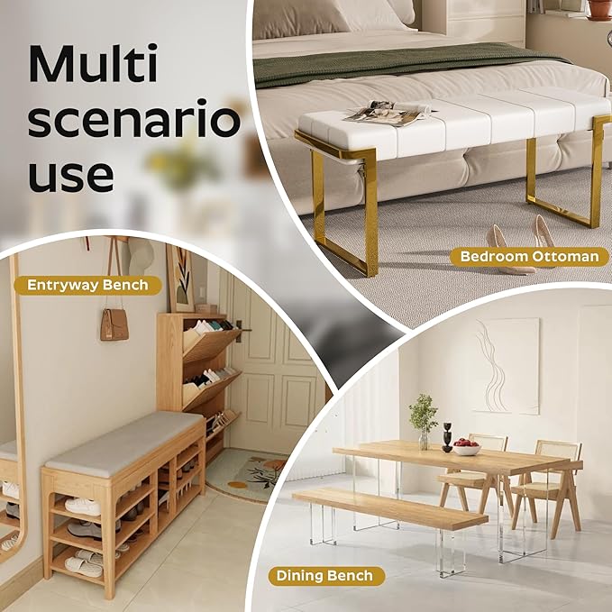 Upholstered Dining Bench, 44.29 Inch Leather Upholstered Bedroom Benches, Entryway Bench for Living Room Kitchen Dining Room(White&Gold)