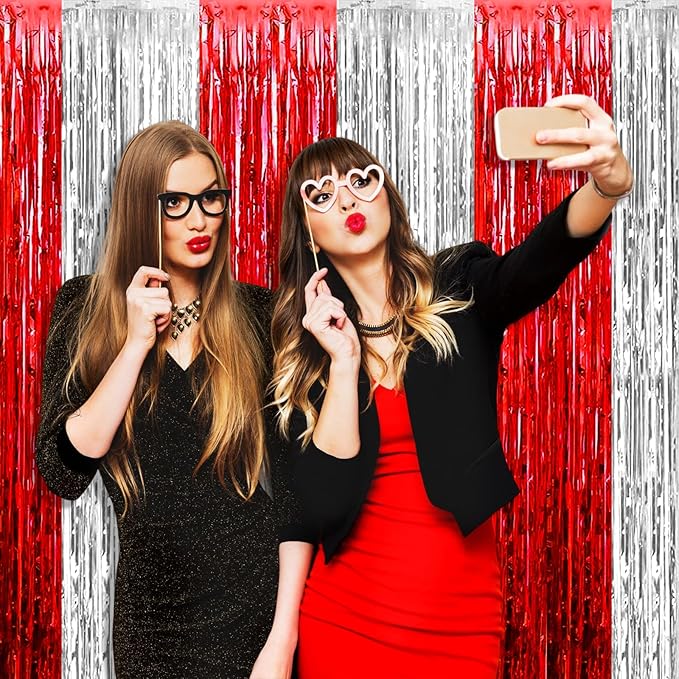 4 Pack Silver Red Foil Fringe Curtain Backdrop, 3.28Ft x 8.2Ft Metallic Tinsel Foil Fringe Streamers Curtains for Photo Booth, Wedding, Circus Welcome Carnival Birthday Party Decoration