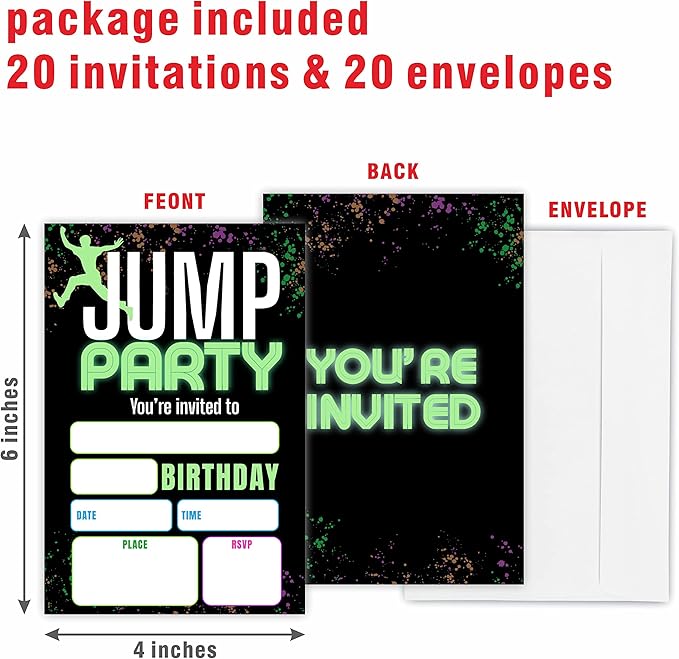 Jump Party Birthday Invitations, Glow Trampoline Birthday Party Invite Cards（20 Count) With Envelopes, Fill In Style Invite Cards For Boys & Girls, Birthday Party Supplies-B01