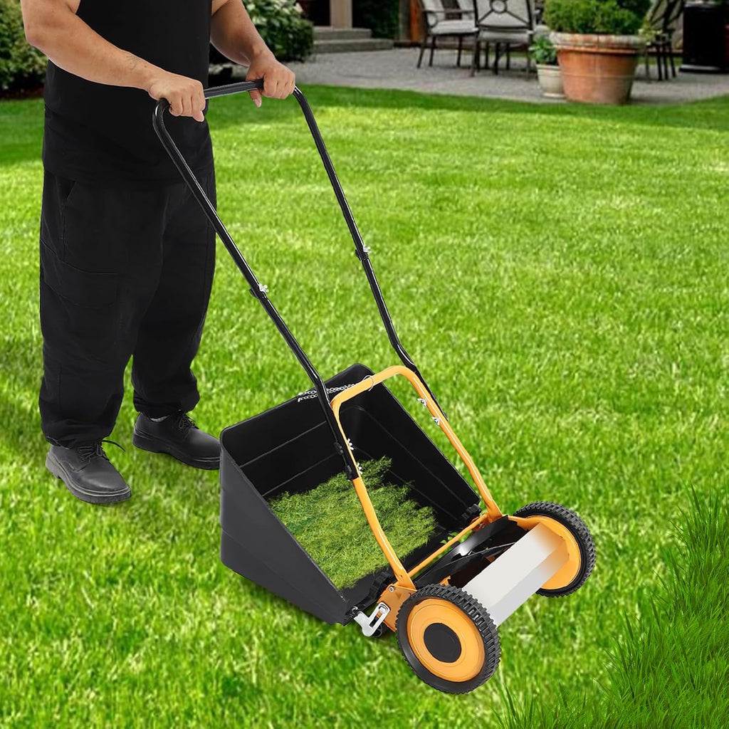14-Inch Manual Push Reel Lawn Mower with Collection Bag, 5-Edged Blades, 14in Cutting Width, Walk-Behind Lawn Mower