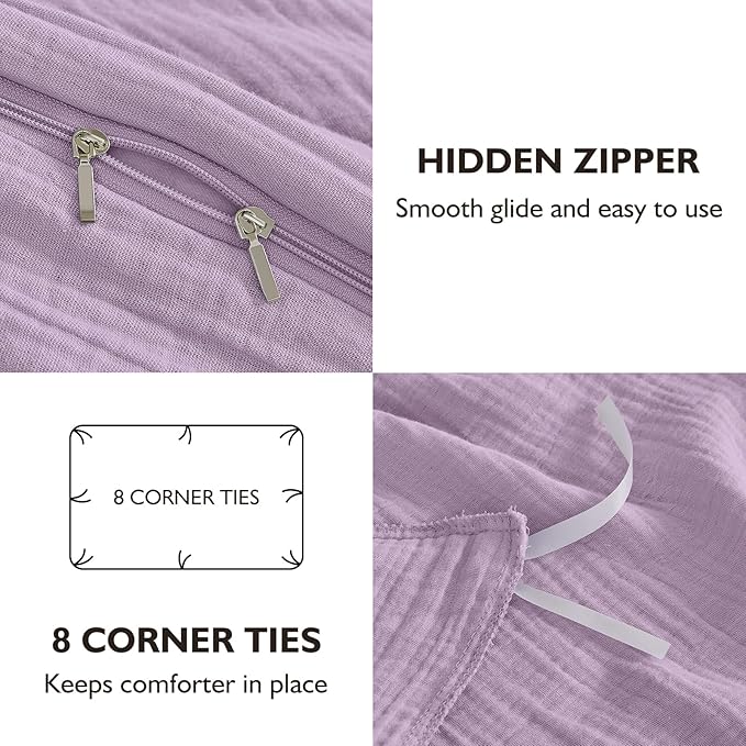 EMME Muslin Cotton Duvet Cover Set Lavender Queen Size Linen Like Soft Breathable Lightweight Summer Comforter Cover Set with Zipper Closure (Lavender, Queen, 90"x90")