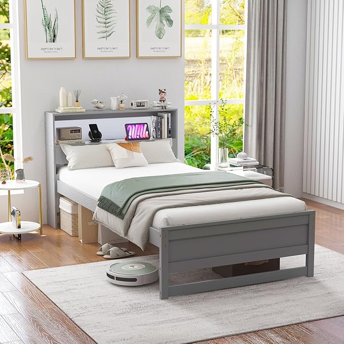 KOMFOTT Twin Size Wood Platform Bed Frame with Charging Station & LED Light, Platform Bed with Storage Headboard & 12” Under-Bed Space, No Box Spring Needed Bed Base, Wood Mattress Foundation (Grey)
