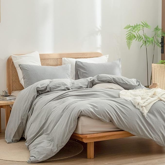 BESTOUCH Duvet Cover Set 100% Washed Cotton Linen Feel Super Soft Comfortable Chic Lightweight 3 PCs Home Bedding Set Solid Light Grey Oversized Full