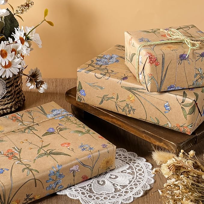 WRAPAHOLIC Kraft Floral Wrapping Paper Roll - Mini Roll - 17 Inch x 16.5 Feet - Wildflower Wrapping Paper Perfect for Girls Women Birthday, Wedding, Bridal Shower