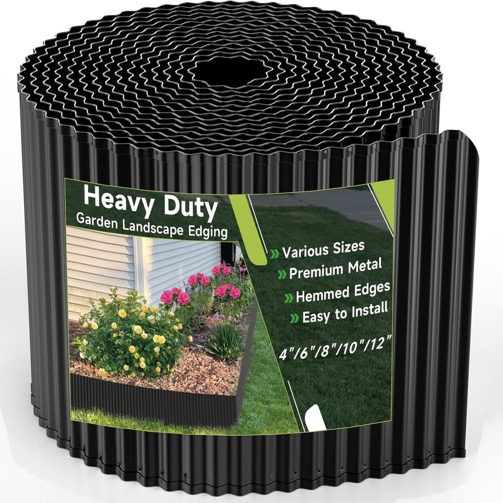 Corrugated Garden Edging,10"×20Ft Galvanized Steel Landscape Edging & Lawn Edging Border,Metal Garden Border for Flower Beds,Garden,Lawn,Raised Beds & Tree Surrounds(Black)