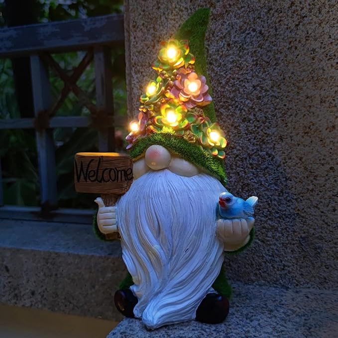 Solar Gnomes Garden Statues,Resin Gnome Figurine Holding Welcome Card and Bird with Solar Lights, Outdoor Gnomes Decorations for Yard Patio Lawn Porch, Garden Gifts