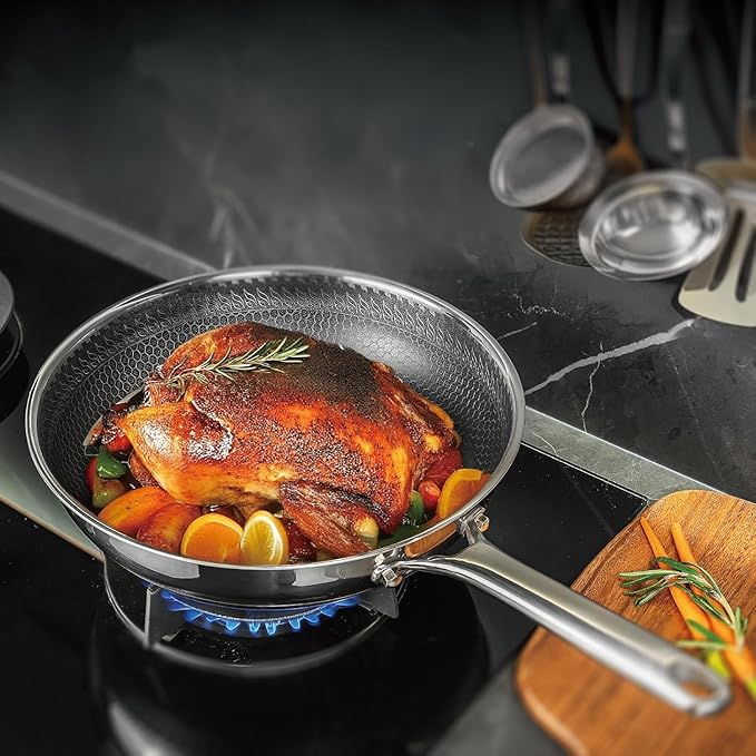 Hybrid Nonstick Cookware Set,Stainless Steel 12 Inch Frying Pan & 2QT Saucepan with Steamer Basket,3 PCS Silicone Kitchen Utensils Set