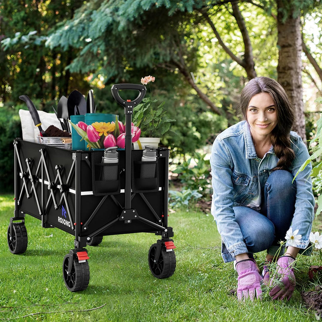 Collapsible Wagon Cart with Wheels Foldable - Folding Utility Heavy Duty Wagons Carts for Grocery Sports Garden Shopping Camping Wheelbarrows (Black, 150L)