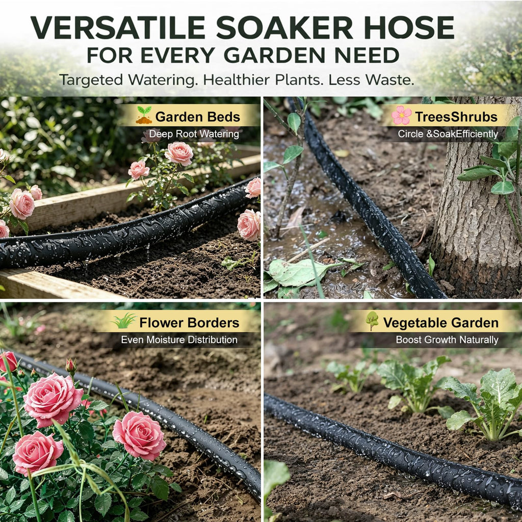 Apgooface Flat Soaker Hose 25 ft 4-Pack with Splitter, 80% Water-Saving Drip Irrigation Hose 100 ft, Linkable DIY Garden Soaker Hose System for Garden Beds, Lawn, Vegetables & Trees (25ft 4-pack)