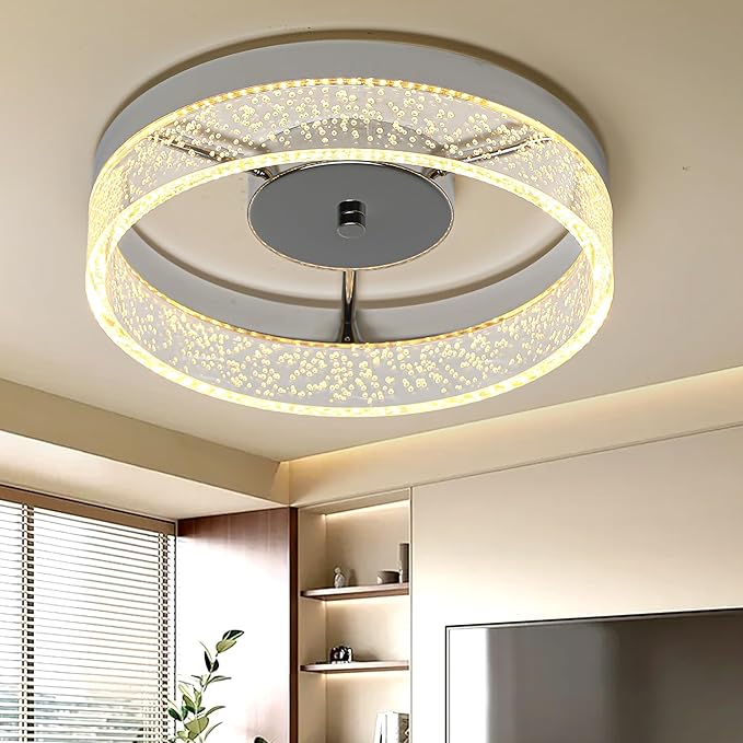 Jaycomey LED Flush Mount Ceiling Light Fixture, 11.6'' Round Modern Brushed Nickel Ceiling Lamp with Bubble Lampshade, 20W Dimmable Low Profile Kitchen Lighting Lamp for Bedroom Hallway Dining Room