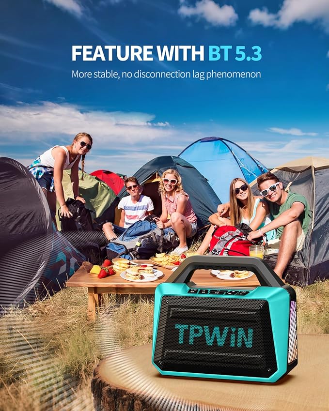 Powerful 80W Outdoor Bluetooth Speaker: IPX6 Waterproof, Rugged, 20H Playtime, Deep Bass, Lightshow, TWS, BT 5.3 Wireless, Portable for Travel Hiking Camping Beach Pool - Teal