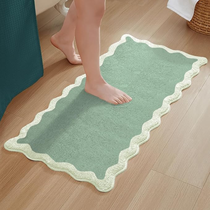 MONDAY MOOSE Bath Mat with Scalloped Wavy Ripple Design, Microfiber Absorbent Non Slip Tufted Rug for Floor, Shower or Kitchen (24x47 inch, Sage)