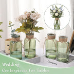 Green Glass Flower Vases for Centerpieces Set of 12, Mason Jars Boho Cylinder Bud Vases in Bulk, for Weddings Parties Vintage Home Decor