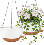 2 Pack 10 Inch Self Watering Hanging Planters for Indoor Plants, Large White Brown Plastic Hanging Pots with Chains for Outdoor Patio Garden Home Decor (White Brown)