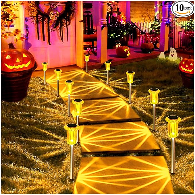 DenicMic Halloween Solar Lights Outdoor 10 Pack Orange LED Waterproof Yard Garden Patio Backyard Pathway Walkway Landscape Lawn Outside Fall Decorations Outdoor