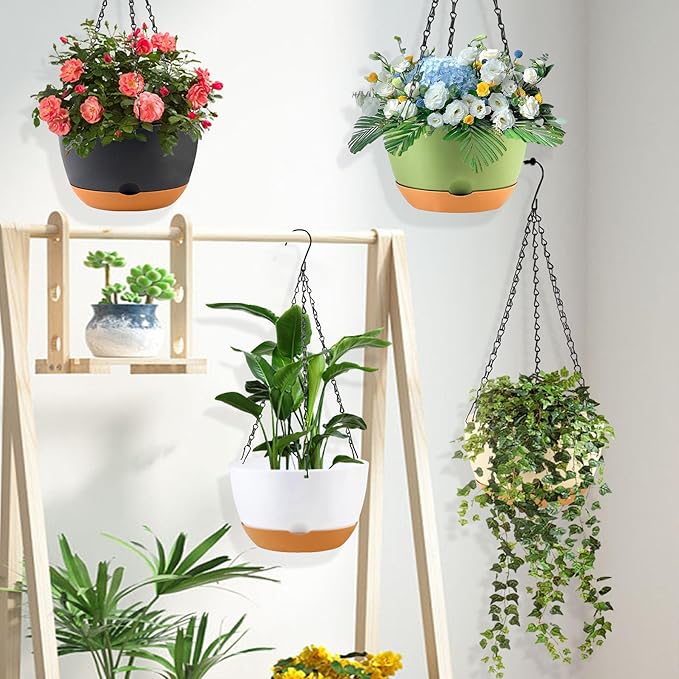 KPUVX 4 Pack Plastic Hanging planters for Indoor Plants,8 Inch Plant Pot Indoor Outdoor Hanging Baskets,Hanging Flower Pots with Drainage Holes and Chain for Garden Porch Plants(White)