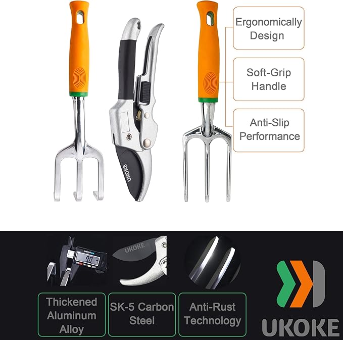 UKOKE Garden Tool Set, 12 Piece Aluminum Hand Tool Kit, Garden Canvas Apron with Storage Pocket, Outdoor Tool, Heavy Duty Gardening Work Set with Ergonomic Handle, Gardening Tools for women men