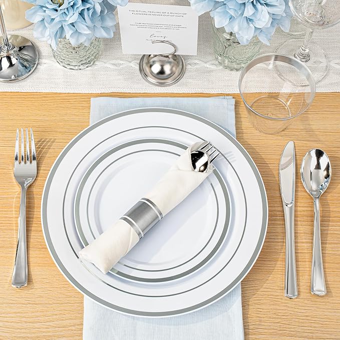 BESTVIP 700PCS Silver Plastic Dinnerware Set for 100 Guests, Disposable Plates for Party, Include: 200 Plastic Plates, 100 Pre Rolled Napkins with Silver Silverware, 100 Cups for Christmas, Halloween