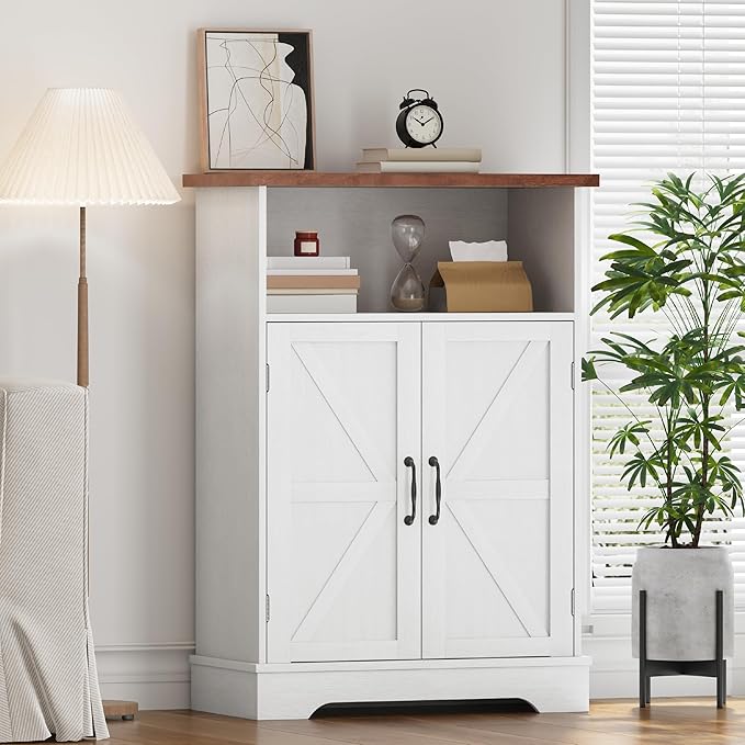 Smuxee Freestanding Cabinet Organizer, Farmhouse Style with Barn Door and Adjustable Shelf, White, for Bathroom, Kitchen, Living Room