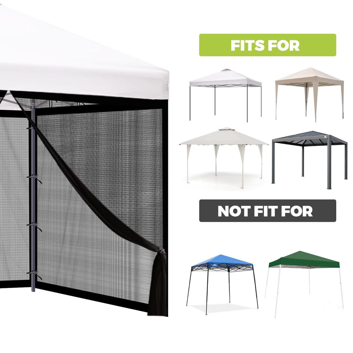 10x10 ft Mosquito Netting for Pop Up Canopy, Universal Bug Screen Tent Enclosure, Outdoor Canopy Mesh Net with Zipper Doors for Camping, Patio, Backyard (Netting Only，Black)