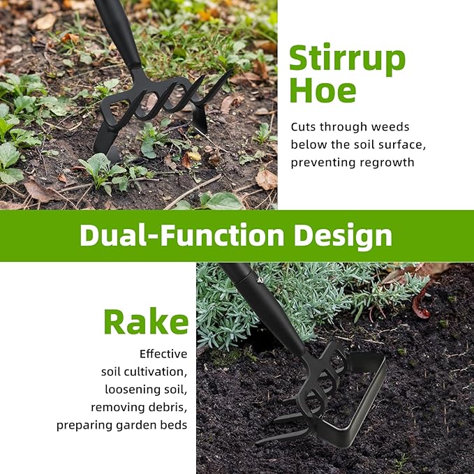 Weeding Hoe Garden Tool, 2 in 1 Stirrup Hoe and Cultivator with 73 inch Adjustable Long Handle, Heavy Duty Metal Garden Action Scuffle Hoes for Efficient Weeding Soil Aeration Small Weeder Tool