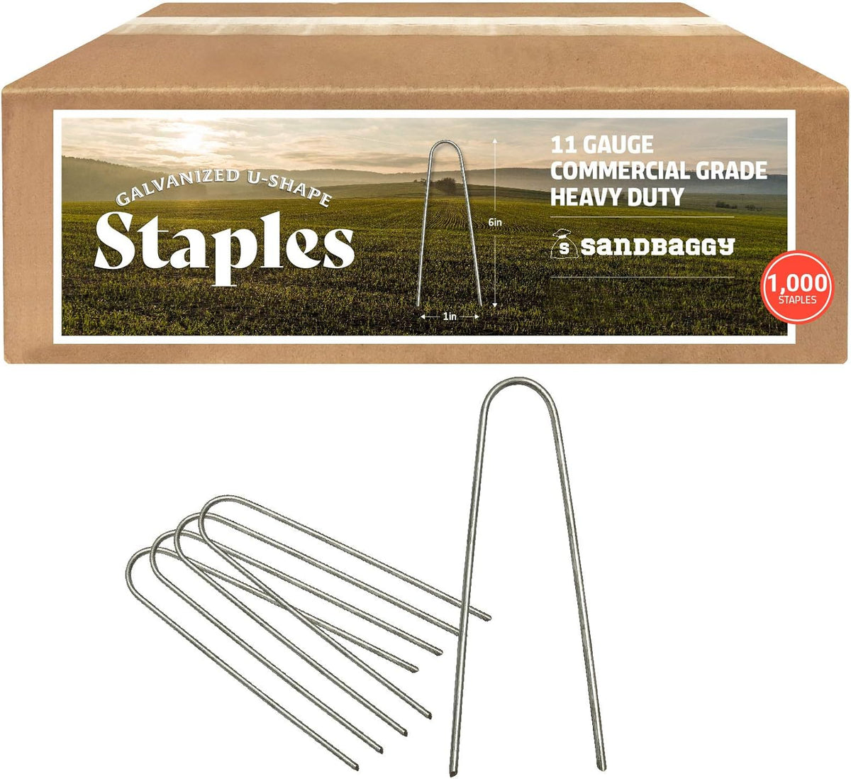 Sandbaggy Galvanized 6 Inch Round Top Landscape Staples ~ SOD Garden Stakes for Drip Irrigation Tubing & PVC Piping - Trusted by Farmers & Contractors Across USA (1,000 Staples)