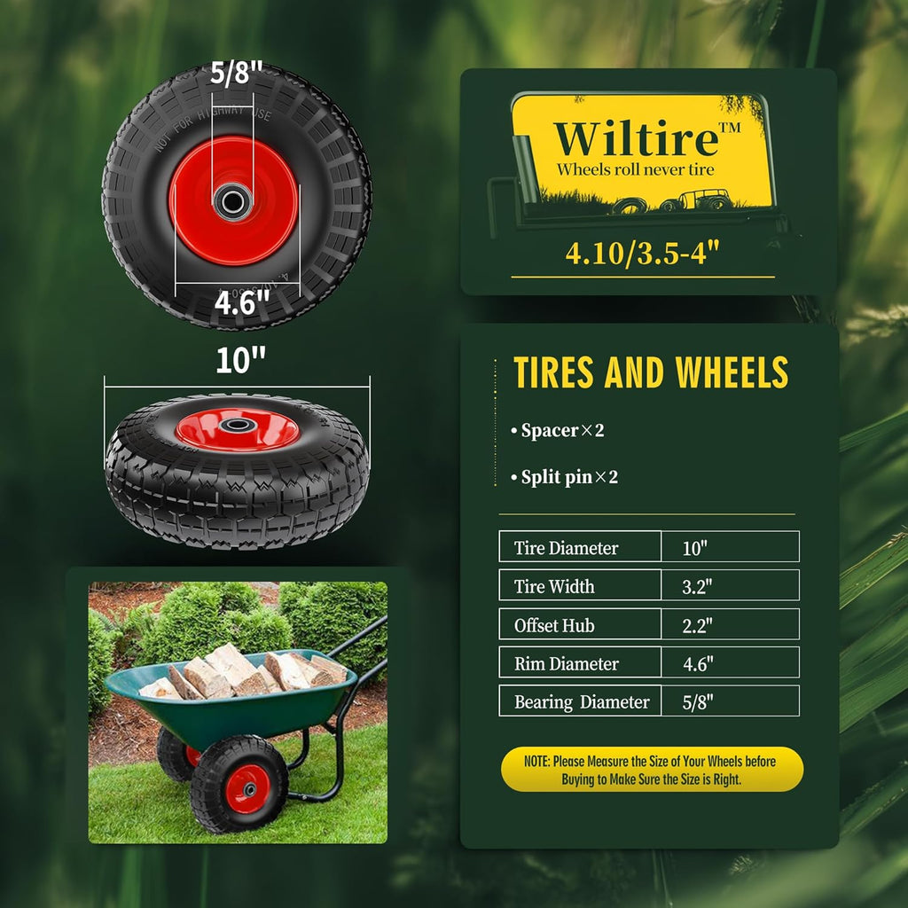 (2 Pack) 4.10/3.50-4 Flat Free Tire and Wheel 10-Inch Solid Wheel Replacement with 5/8 Bearings,2.2" Offset Hub -Compatible with Hand Truck,Wheelbarrow(Red)