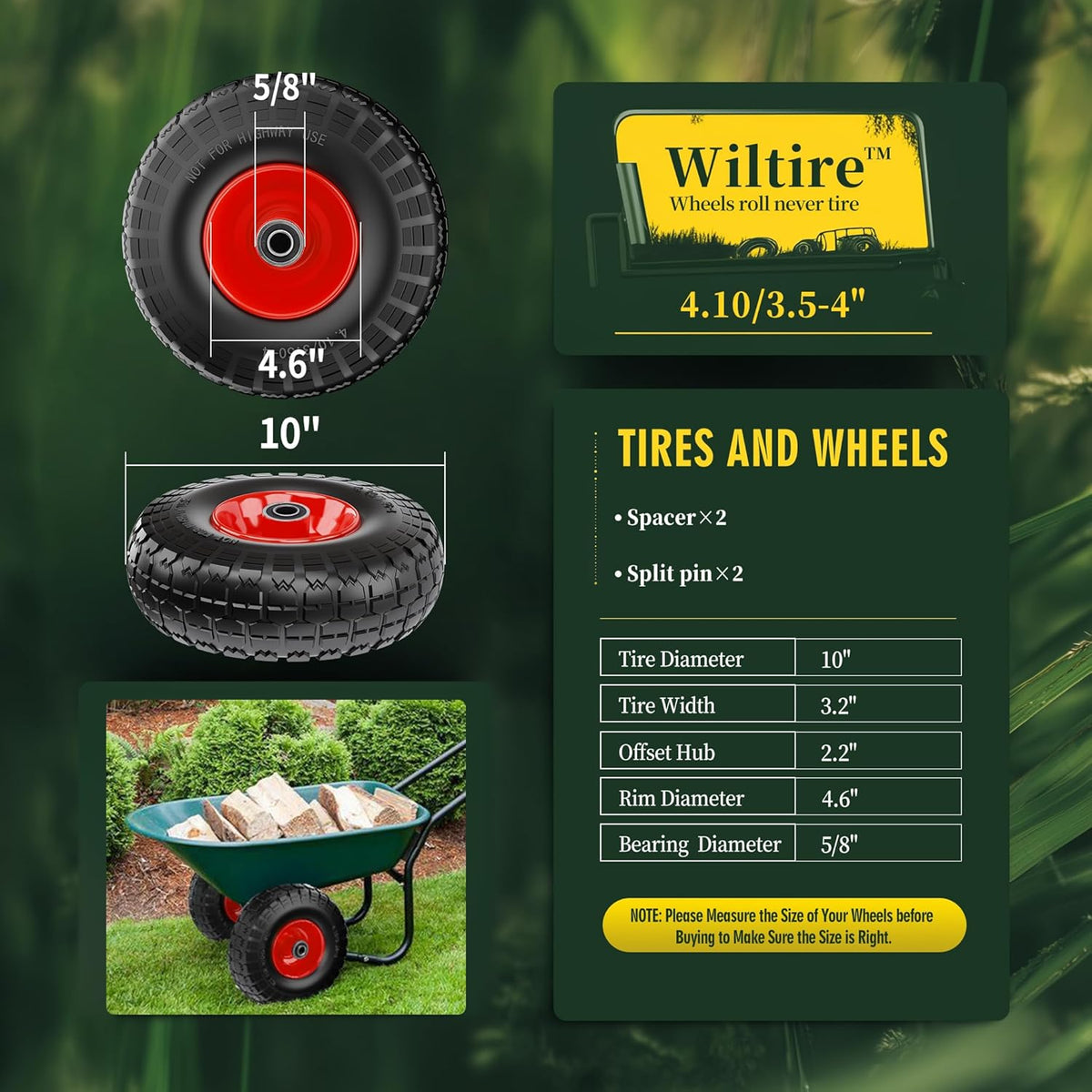 (2 Pack) 4.10/3.50-4 Flat Free Tire and Wheel 10-Inch Solid Wheel Replacement with 5/8 Bearings,2.2" Offset Hub -Compatible with Hand Truck,Wheelbarrow(Red)