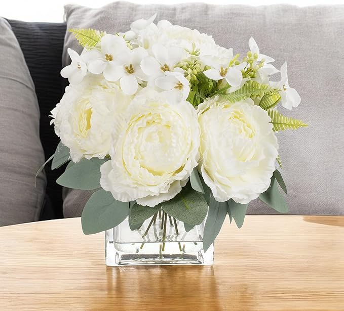 ENOVA FLORAL Artificial Flower Arrangement with Vase,Mixed Artificial Silk Peony Flower in Vase for Decoration Home Office, Wedding Centerpiece (Cream02)